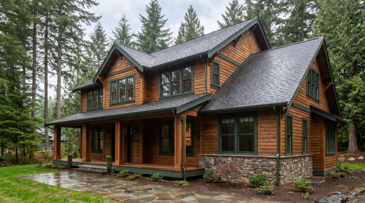 Craftsman home — cedar lap with stone wainscot