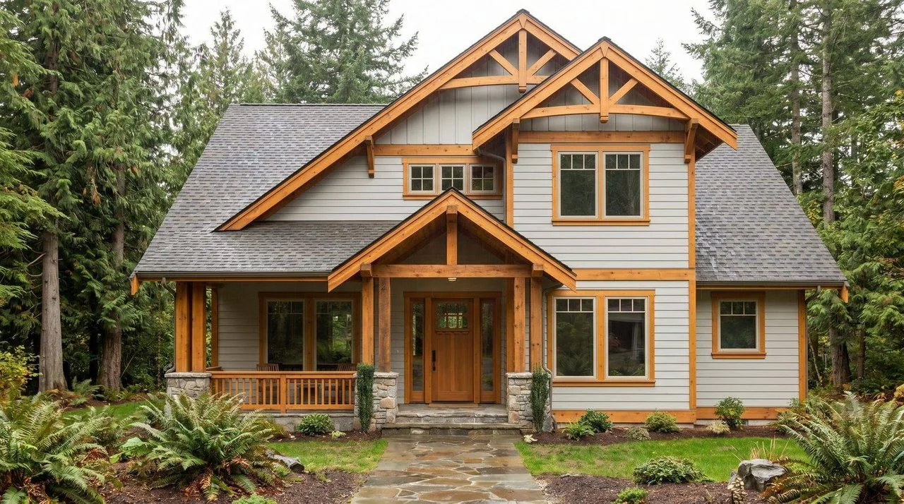 Craftsman home — cedar trim at gables and columns