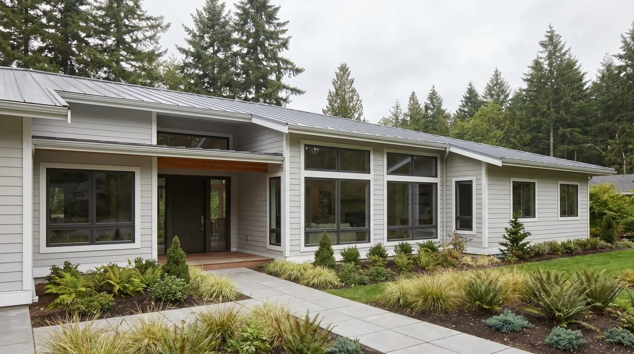 Modern PNW home — fiberglass picture windows