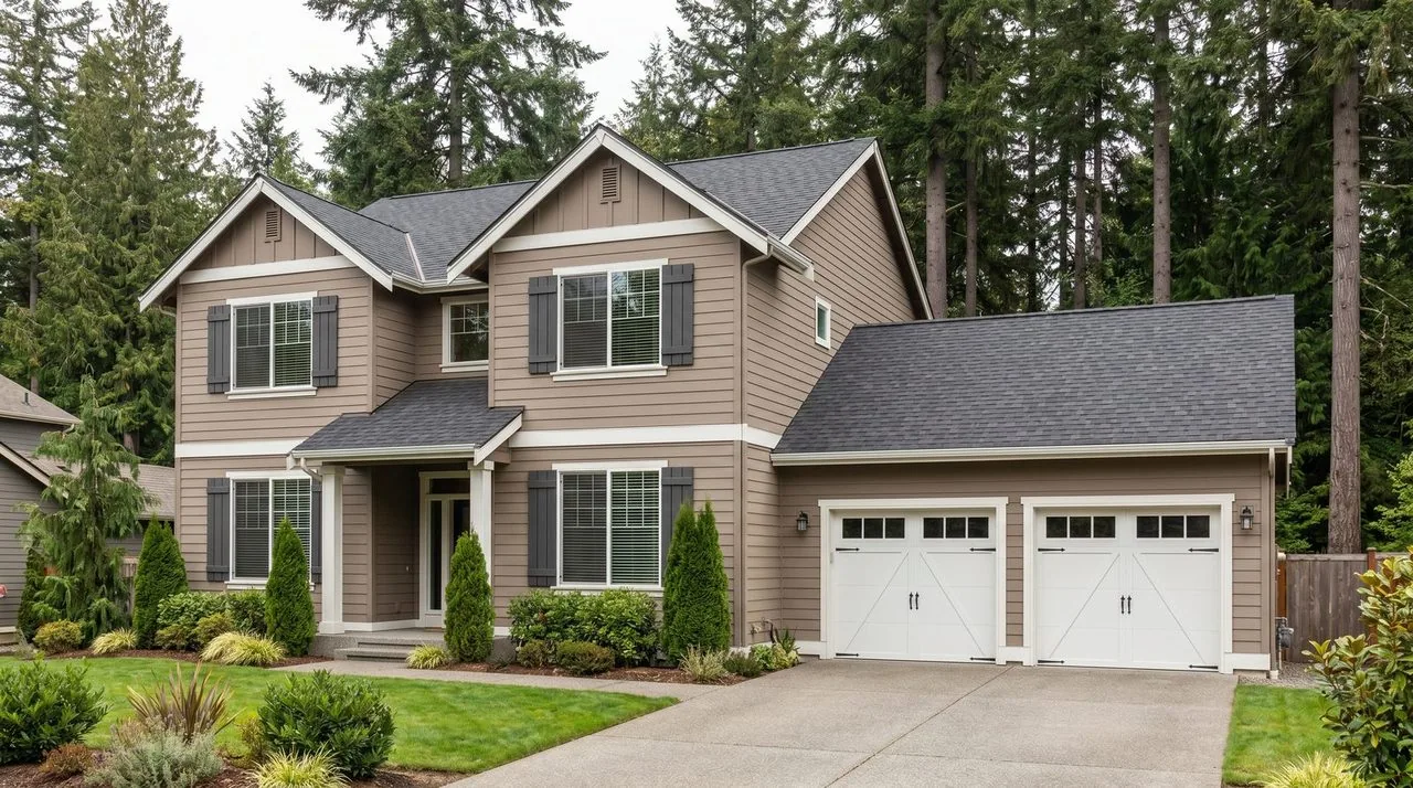 Classic PNW two-story — engineered wood lap with shutters