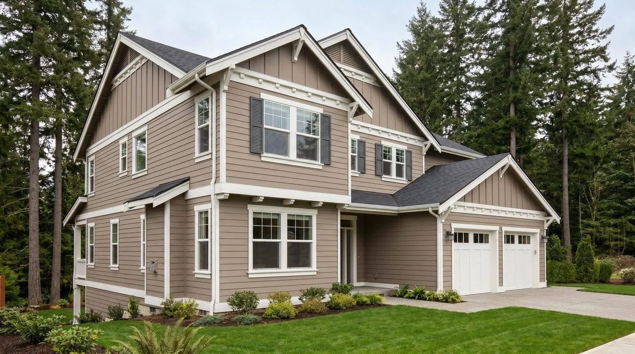 Two-story home — engineered wood trim with shutters