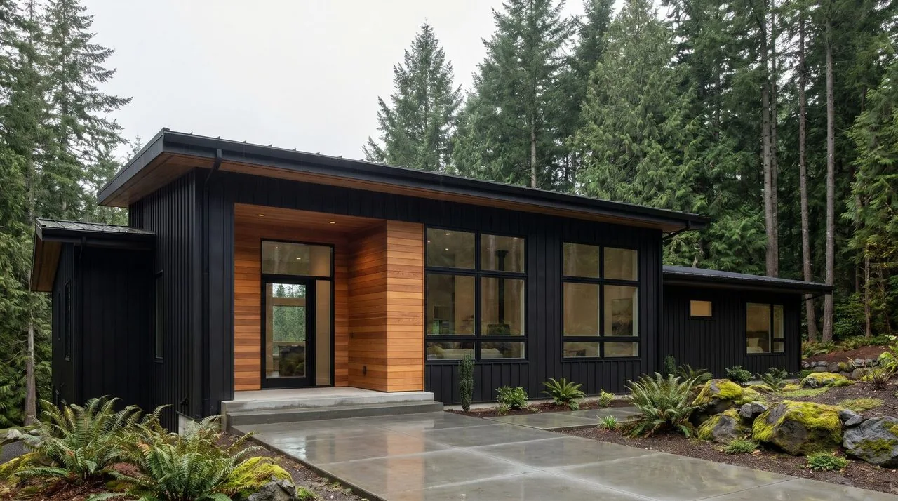 Modern PNW home — black metal cladding with cedar accents