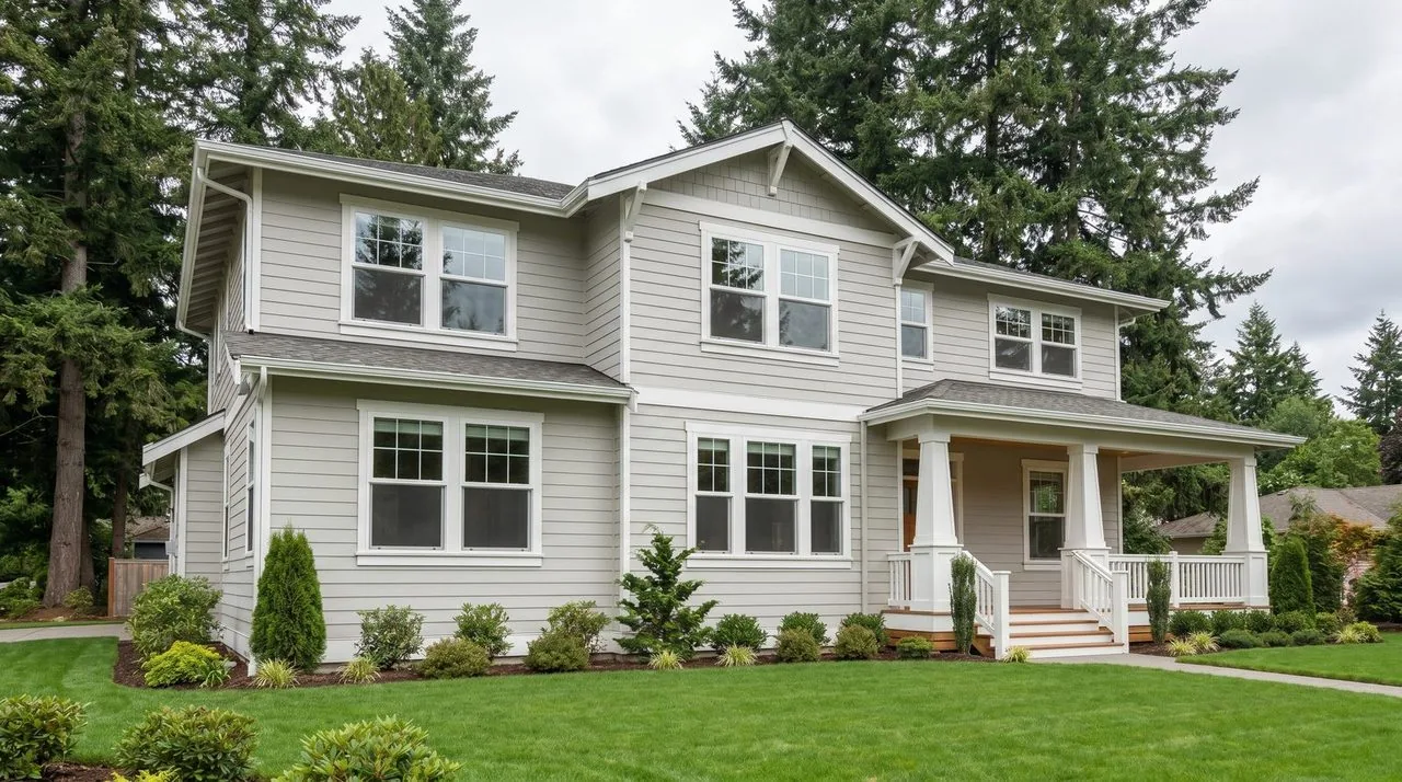 Classic PNW home — full elevation of vinyl windows