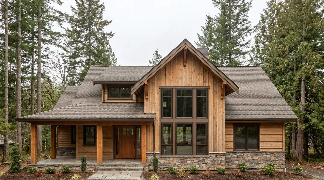 Mountain-lodge style — wood-clad windows in cedar elevation